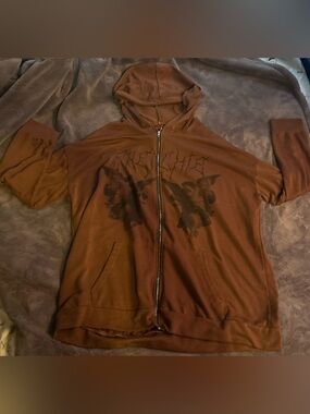 UNISEX Brown Zip-Up Hoodie Jacket with Graphic Print